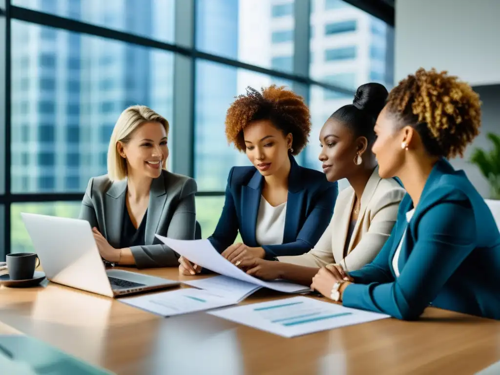 Grupo diverso de mujeres profesionales trabaja con determinación en una oficina moderna