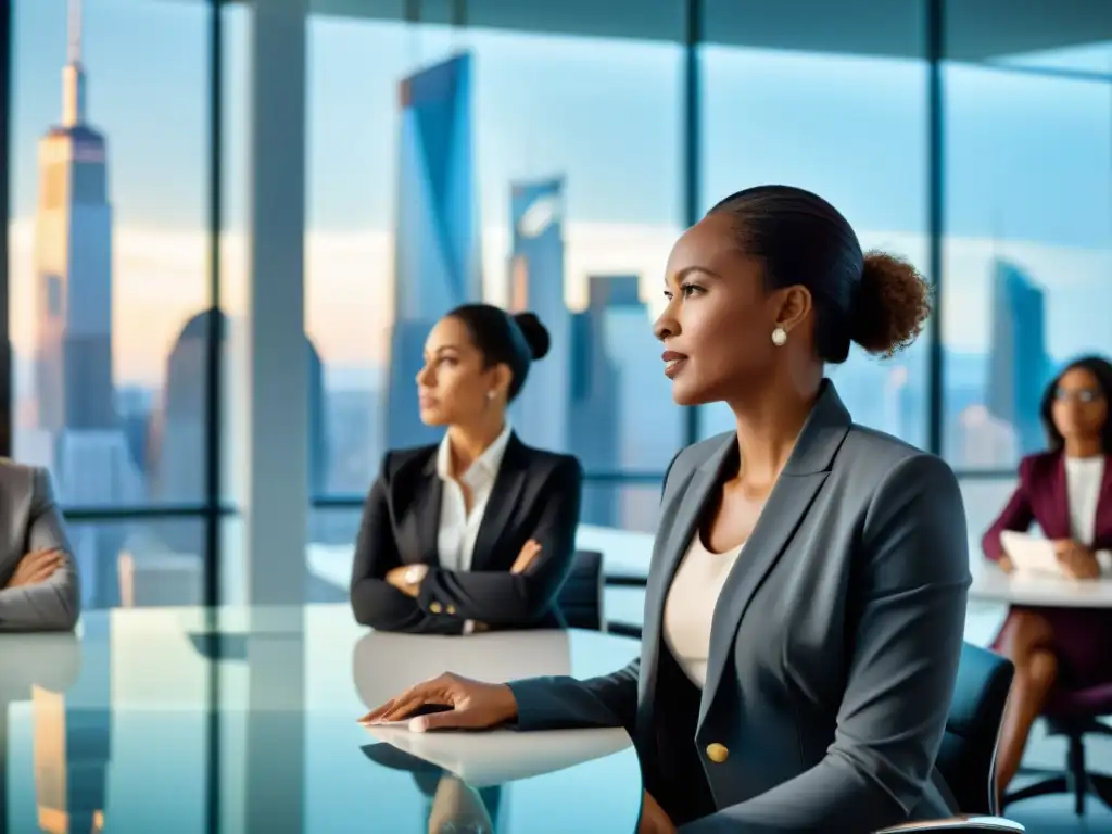 Grupo diverso de mujeres profesionales debatiendo estrategias en una moderna sala de juntas