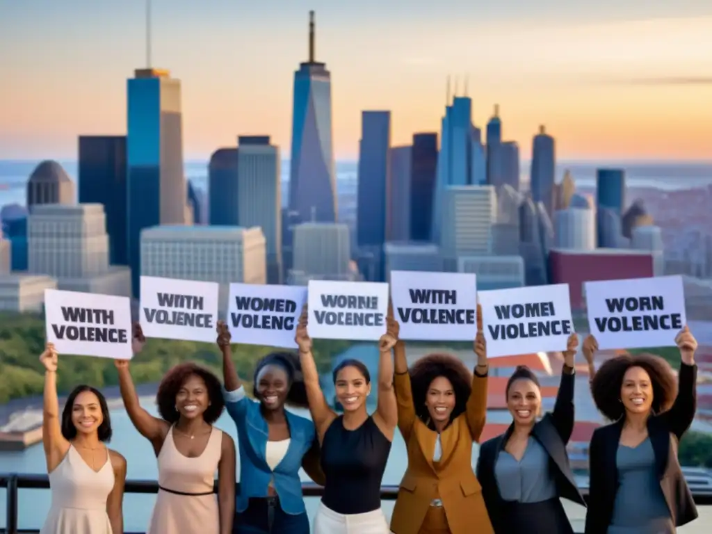 Unidas contra la violencia de género: diversidad y determinación Grupo diverso de mujeres unidas en protesta contra la violencia de género, expresando determinación y resistencia