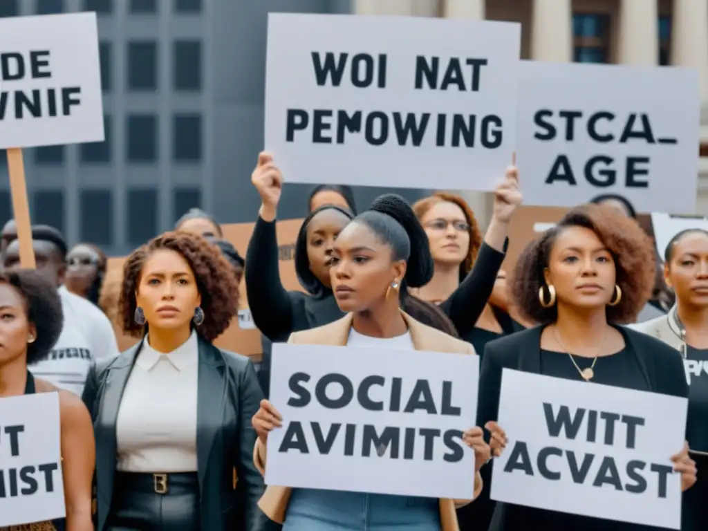 Protesta feminista digital: Mujeres unidas con determinación Grupo diverso de mujeres en protesta, con pancartas y expresiones determinadas, frente a un paisaje digital y hashtags