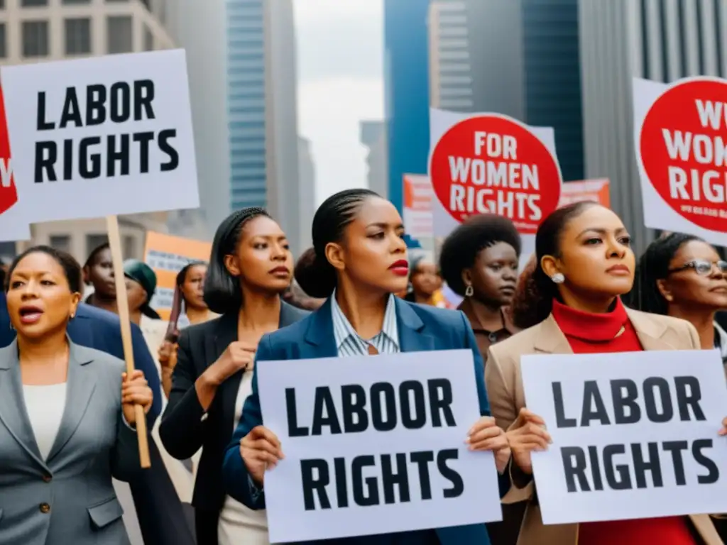 Grupo diverso de mujeres en protesta laboral, luchando por derechos humanos en la ciudad