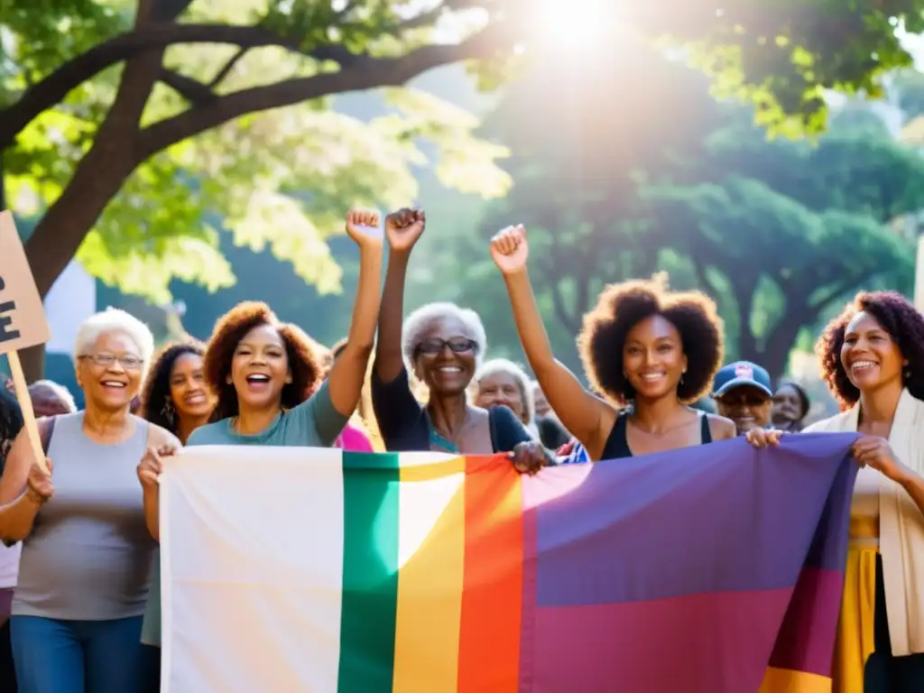 Grupo diverso de mujeres en protesta pacífica, unidas en solidaridad por los derechos de la mujer y la igualdad de género