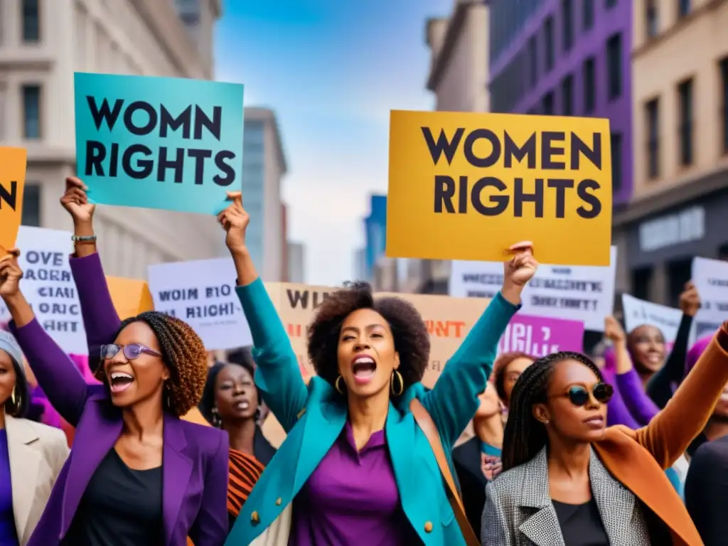 Un grupo diverso de mujeres participa en una protesta por los derechos de la mujer en la ciudad, sosteniendo carteles con mensajes poderosos