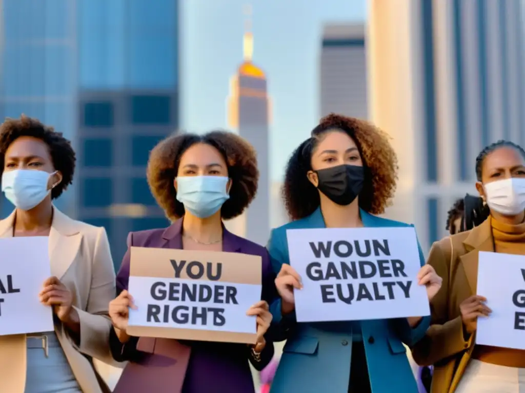 Grupo diverso de mujeres en protesta pacífica con carteles de igualdad de género y derechos humanos, usando mascarillas