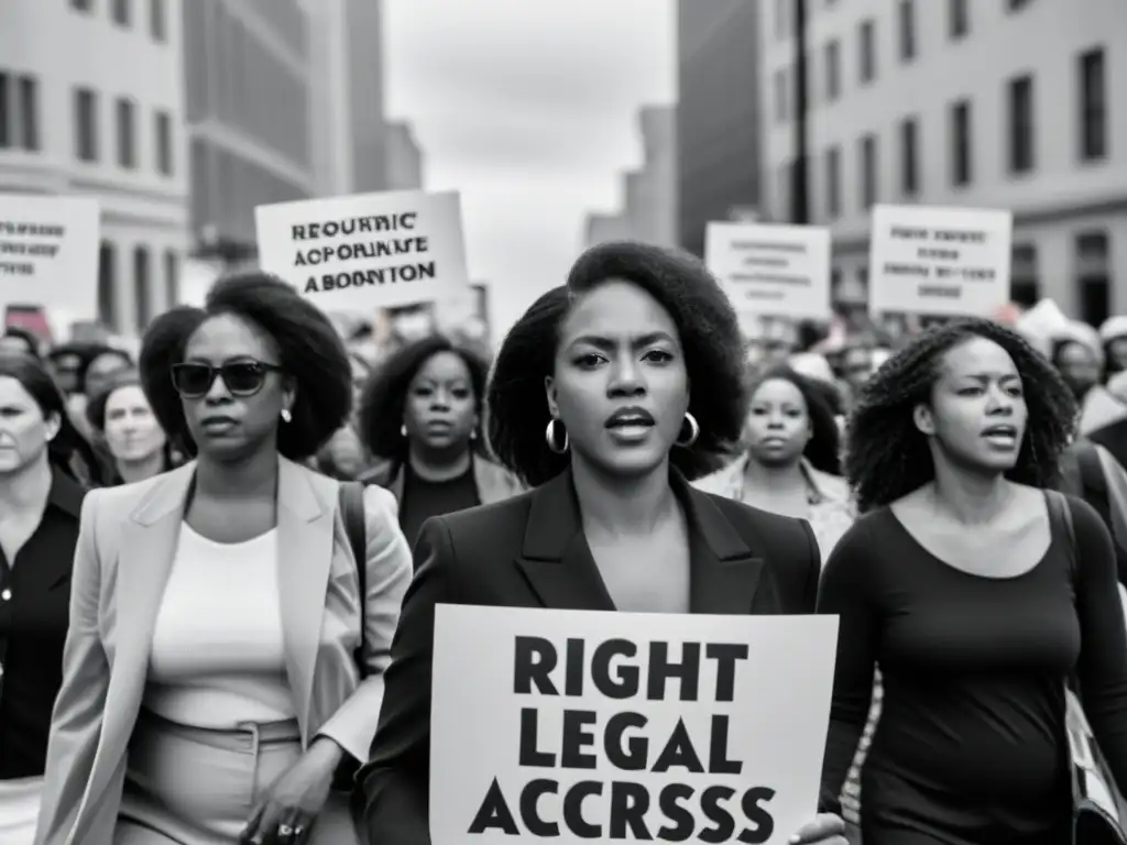 Grupo diverso de mujeres marchando en protesta por derechos reproductivos y aborto, representando la lucha feminista a nivel global