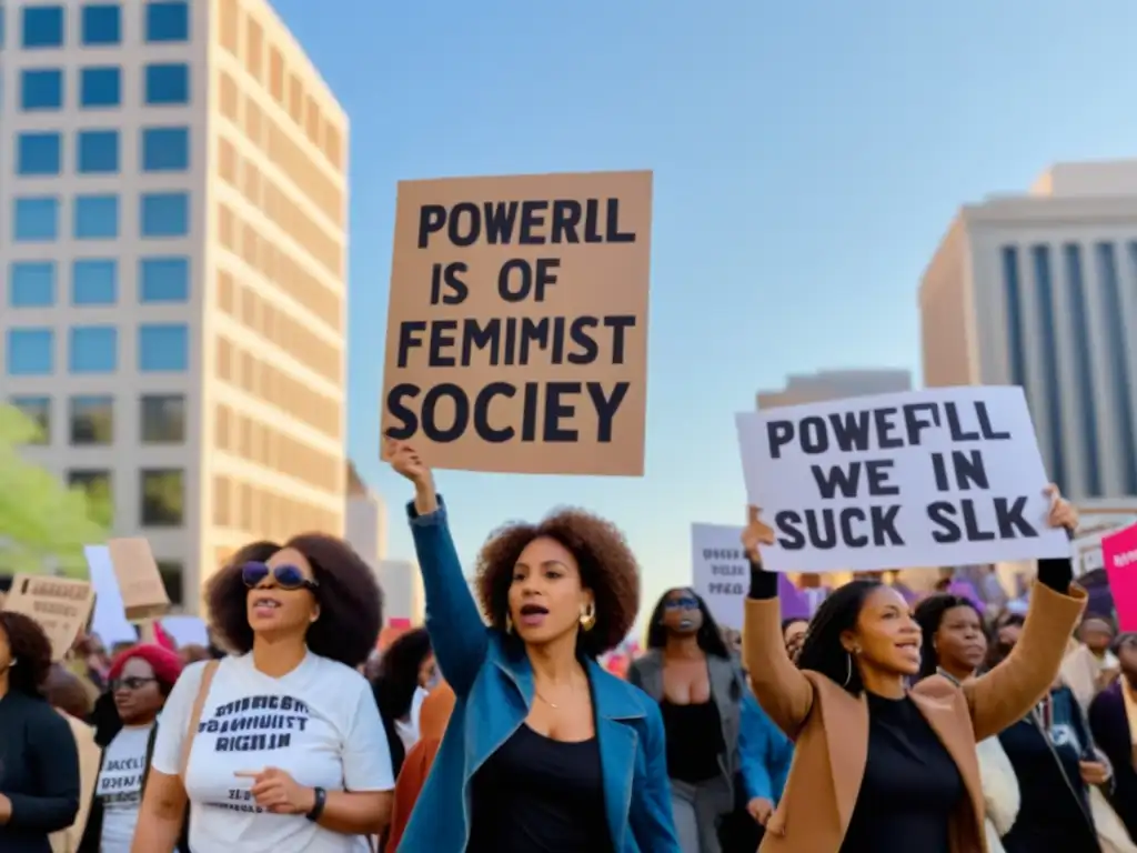 Un grupo diverso de mujeres marcha en una protesta, sosteniendo pancartas con poderosos lemas feministas