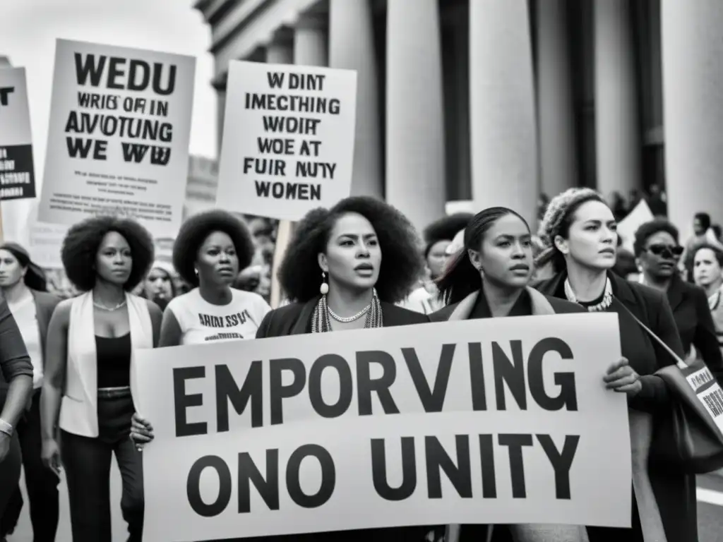 Grupo diverso de mujeres marchando en protesta con carteles empoderadores en varios idiomas, representando la evolución del feminismo en el siglo XXI