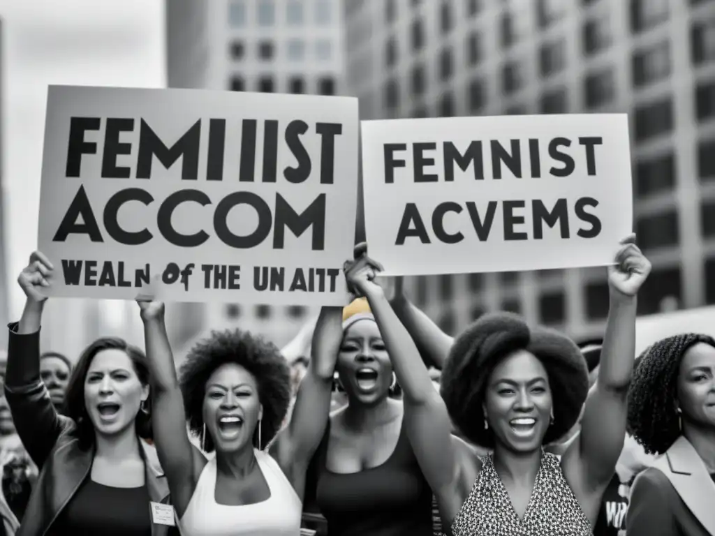 Mujeres poderosas en protesta: expresiones de unidad y empoderamiento Grupo diverso de mujeres en protesta, mostrando determinación y pasión con carteles feministas