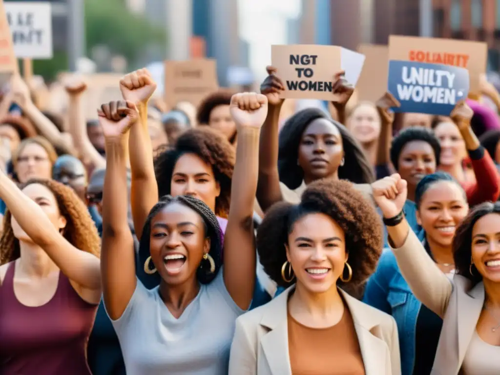 Grupo diverso de mujeres alzando el puño en señal de unidad, rodeadas de pancartas de empoderamiento