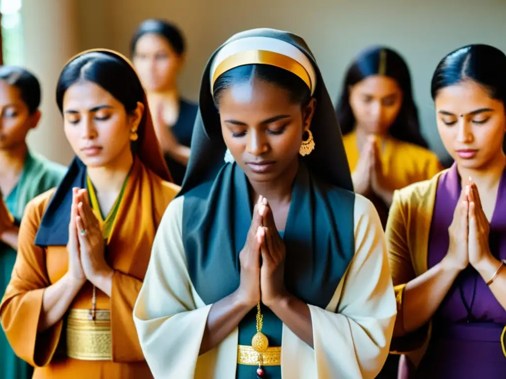 Un grupo diverso de mujeres participa en rituales religiosos, mostrando distintos roles y expresiones femeninas en diferentes religiones