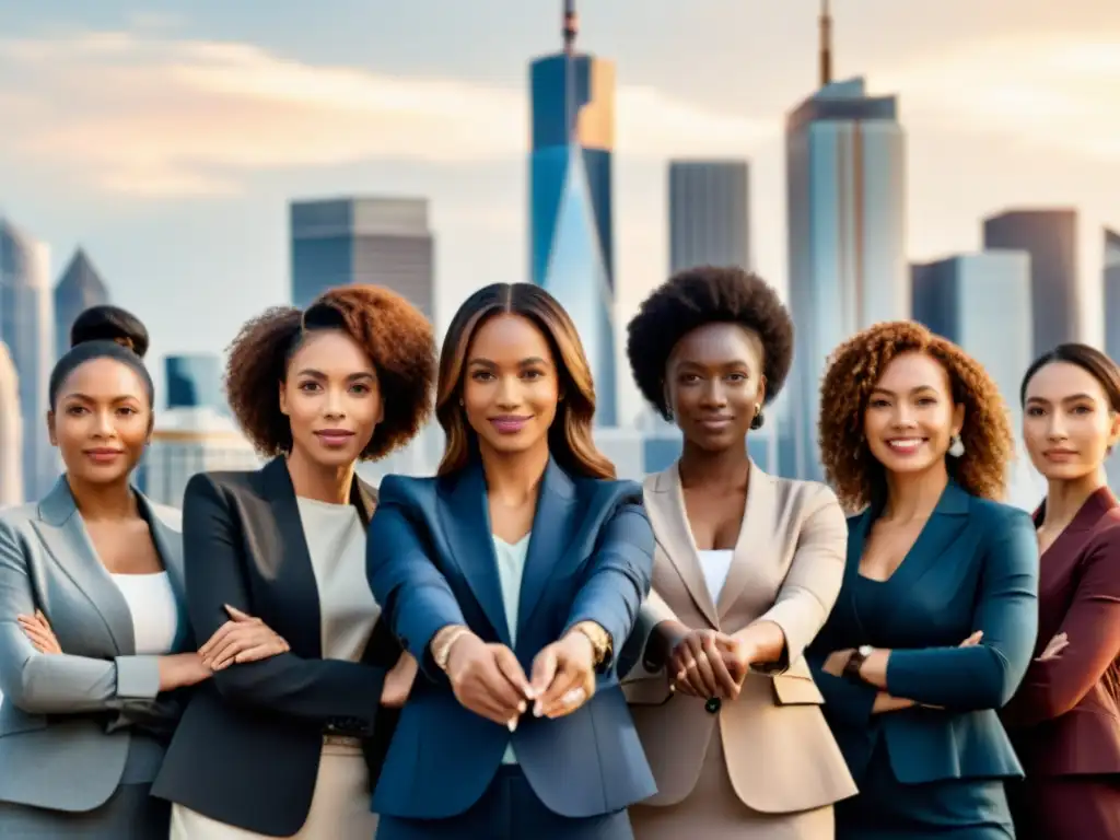 Grupo diverso de mujeres unidas, seguras y empoderadas, desafíos de igualdad de género reflejados en la ciudad moderna al fondo