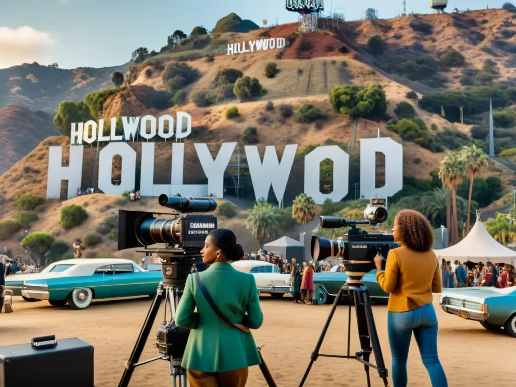 Mujeres de Hollywood rompiendo barreras en el set Un grupo diverso de mujeres en un set de Hollywood, rompiendo estereotipos en el cine