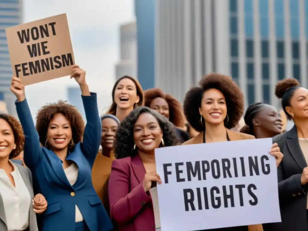 Un grupo diverso de mujeres se unen en solidaridad, sosteniendo carteles con mensajes empoderadores sobre el feminismo y los derechos humanos