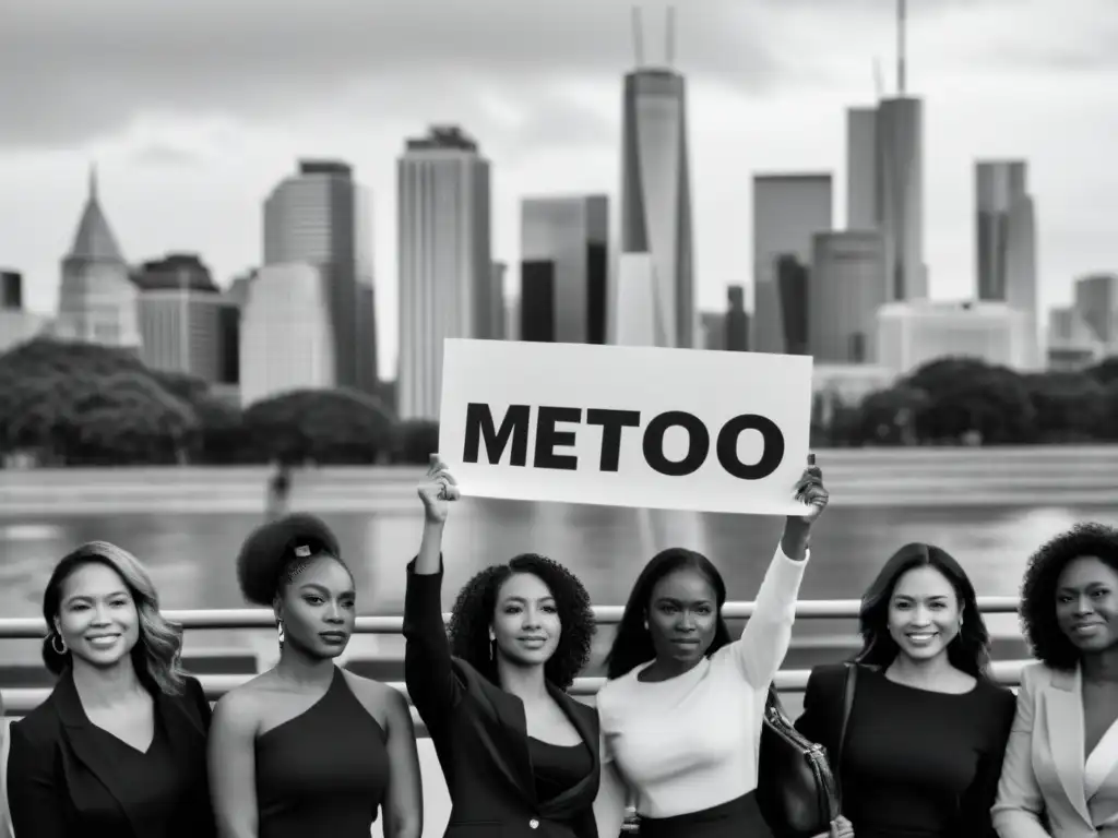 Grupo diverso de mujeres unidas en solidaridad, sosteniendo carteles con el hashtag #MeToo