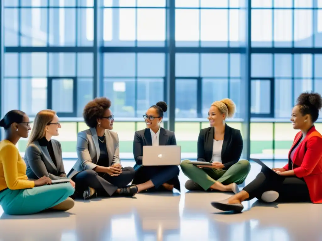 Grupo diverso de mujeres en taller tecnológico colaborativo, buscando Acceso tecnológico para mujeres con entusiasmo y determinación