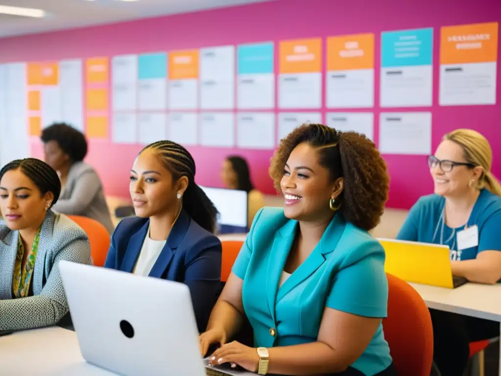 Grupo diverso de mujeres participando en un taller de tecnología, colaborando y aprendiendo juntas en un espacio luminoso y moderno