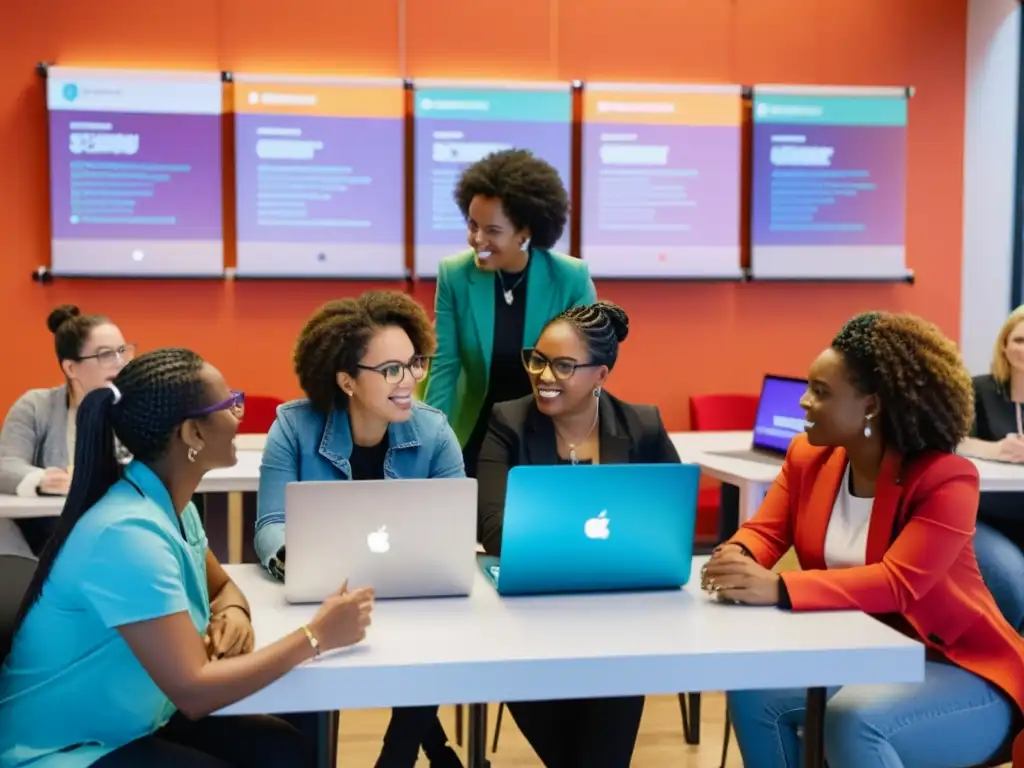 Grupo diverso de mujeres en taller de tecnología, colaborando y aprendiendo juntas para cerrar la brecha de género en tecnología