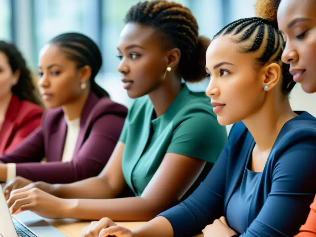 Un grupo diverso de mujeres participa en un taller de habilidades digitales en un aula moderna y bien iluminada