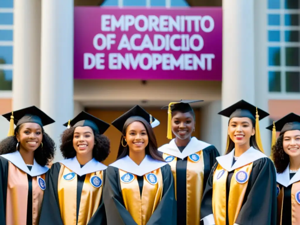 Grupo diverso de mujeres con togas y diplomas frente a edificio universitario