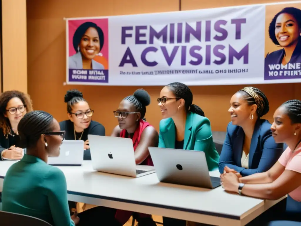 Conversación apasionada sobre activismo digital feminista Un grupo diverso de mujeres se reúnen en torno a una mesa, participando activamente en el activismo feminista digital