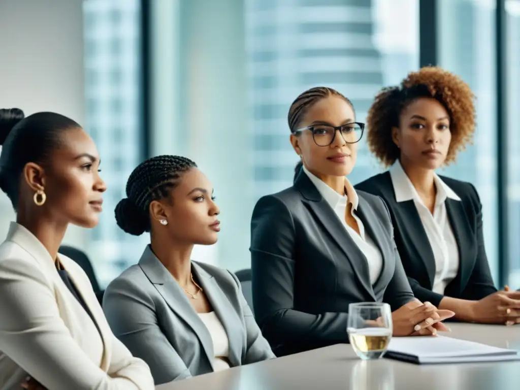 Grupo diverso de mujeres en trajes de negocios, colaborando en una mesa de conferencias