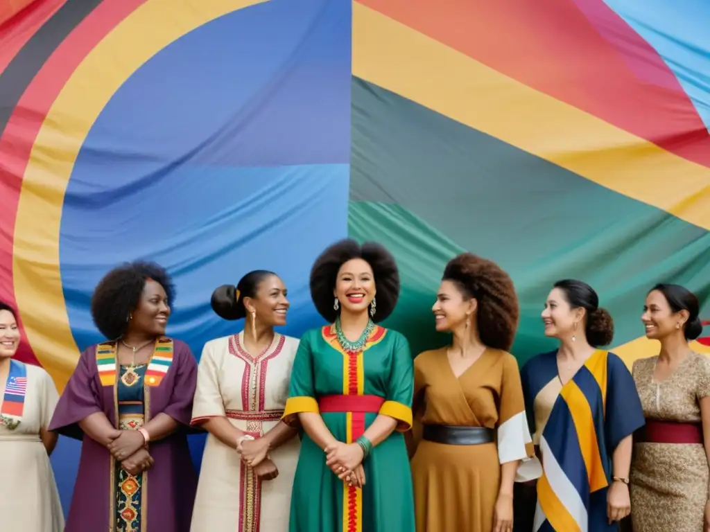 Grupo diverso de mujeres unidas, vistiendo trajes tradicionales y sosteniendo banderas, frente a mural de figuras femeninas históricas