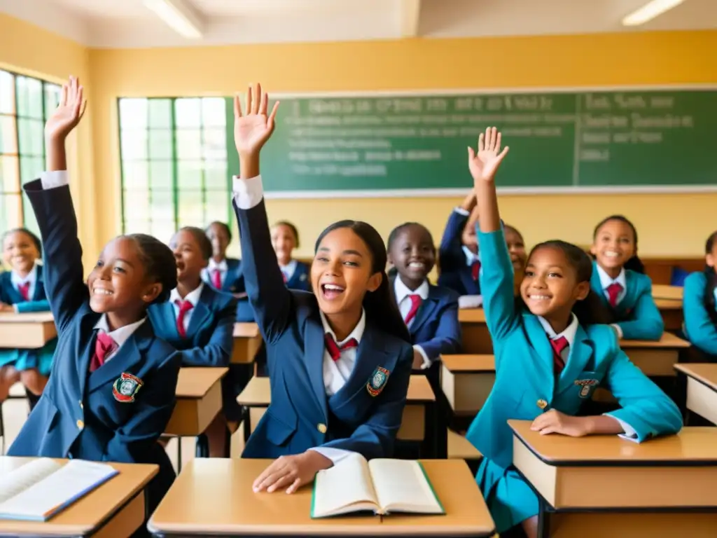 Grupo diverso de niñas en uniforme escolar levantando la mano en clase, con maestra alentadora y aulas iluminadas