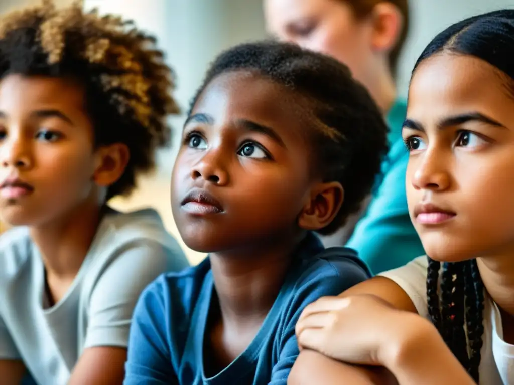 Grupo diverso de niños y adolescentes expresando emociones en terapia, garantizando derechos de salud mental