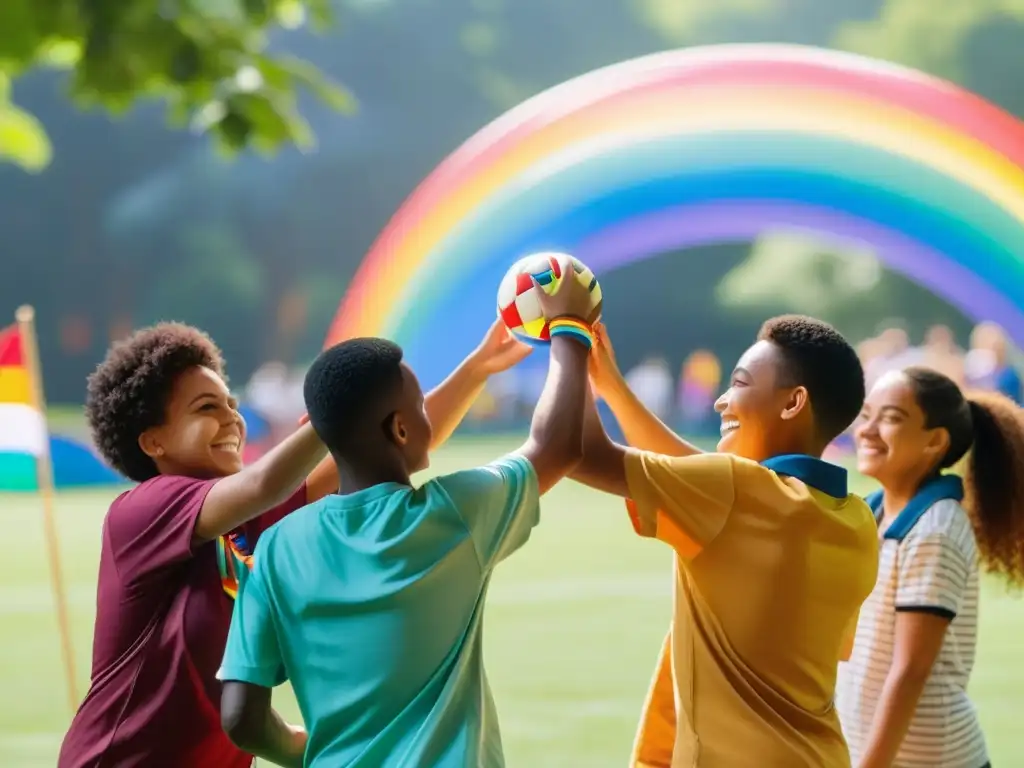 Un grupo diverso de niños y adolescentes juegan juntos en un parque, rodeados de banderas arcoíris y un cartel de inclusión