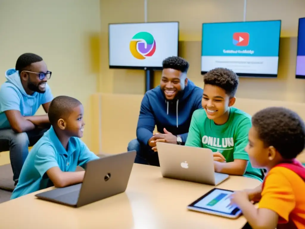 Un grupo diverso de niños y adolescentes participa con entusiasmo en un taller digital sobre protección de menores y ciberacoso online, creando un entorno seguro y educativo