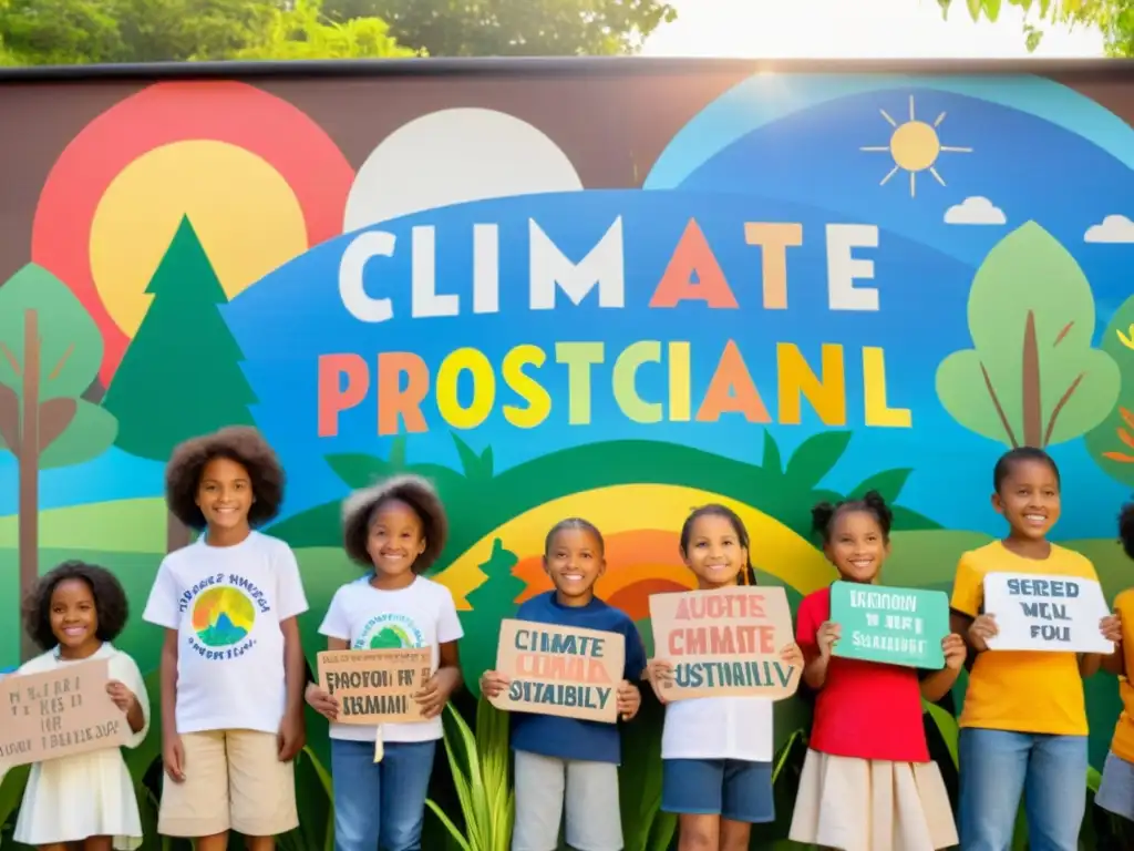 Un grupo diverso de niños, de 5 a 12 años, frente a un mural colorido sobre cambio climático