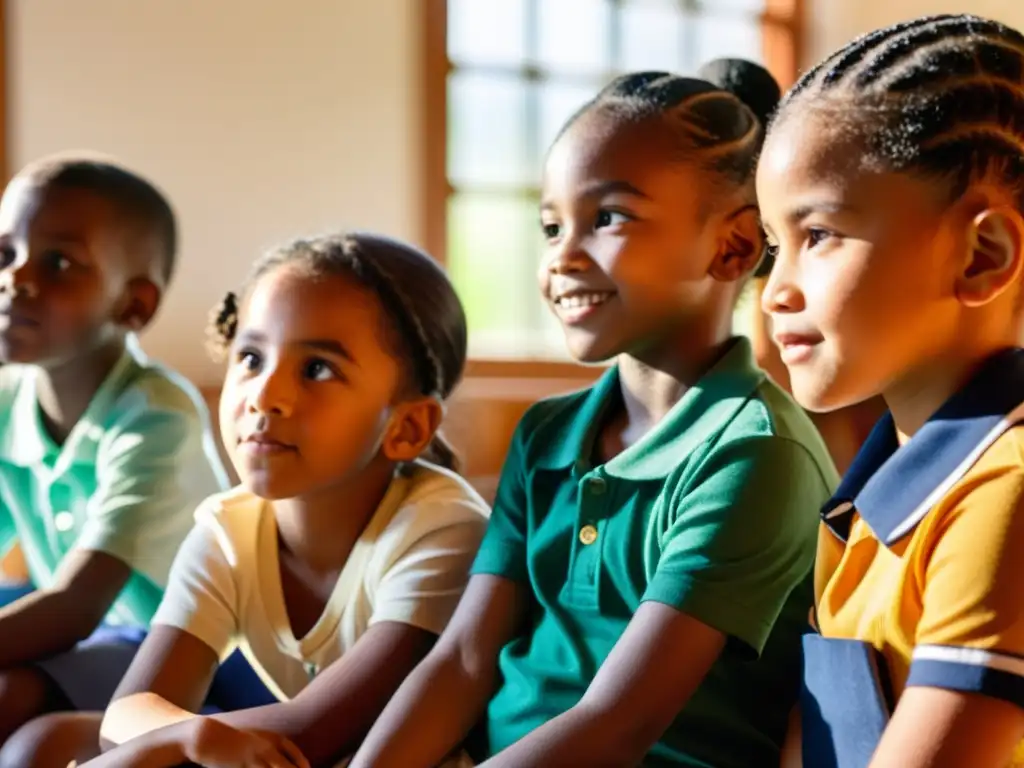 Clase multicultural: educación inclusiva y equitativa Grupo diverso de niños en aula escuchando a su maestra, resplandece luz solar