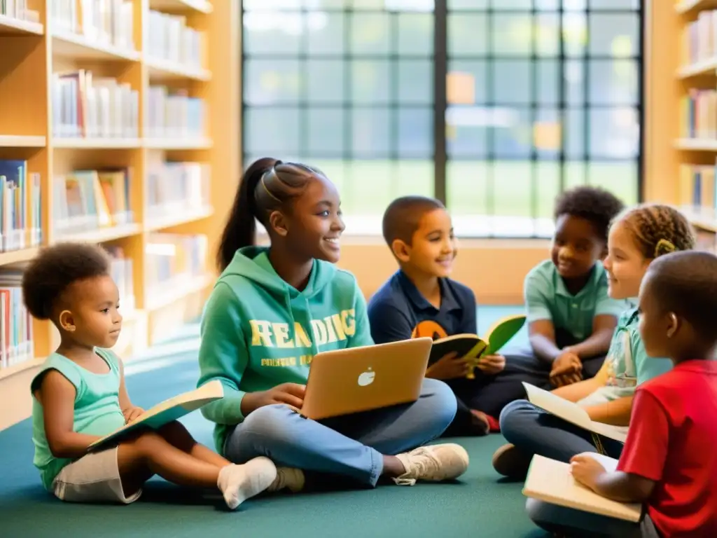 Grupo diverso de niños leyendo y usando laptops en una biblioteca comunitaria