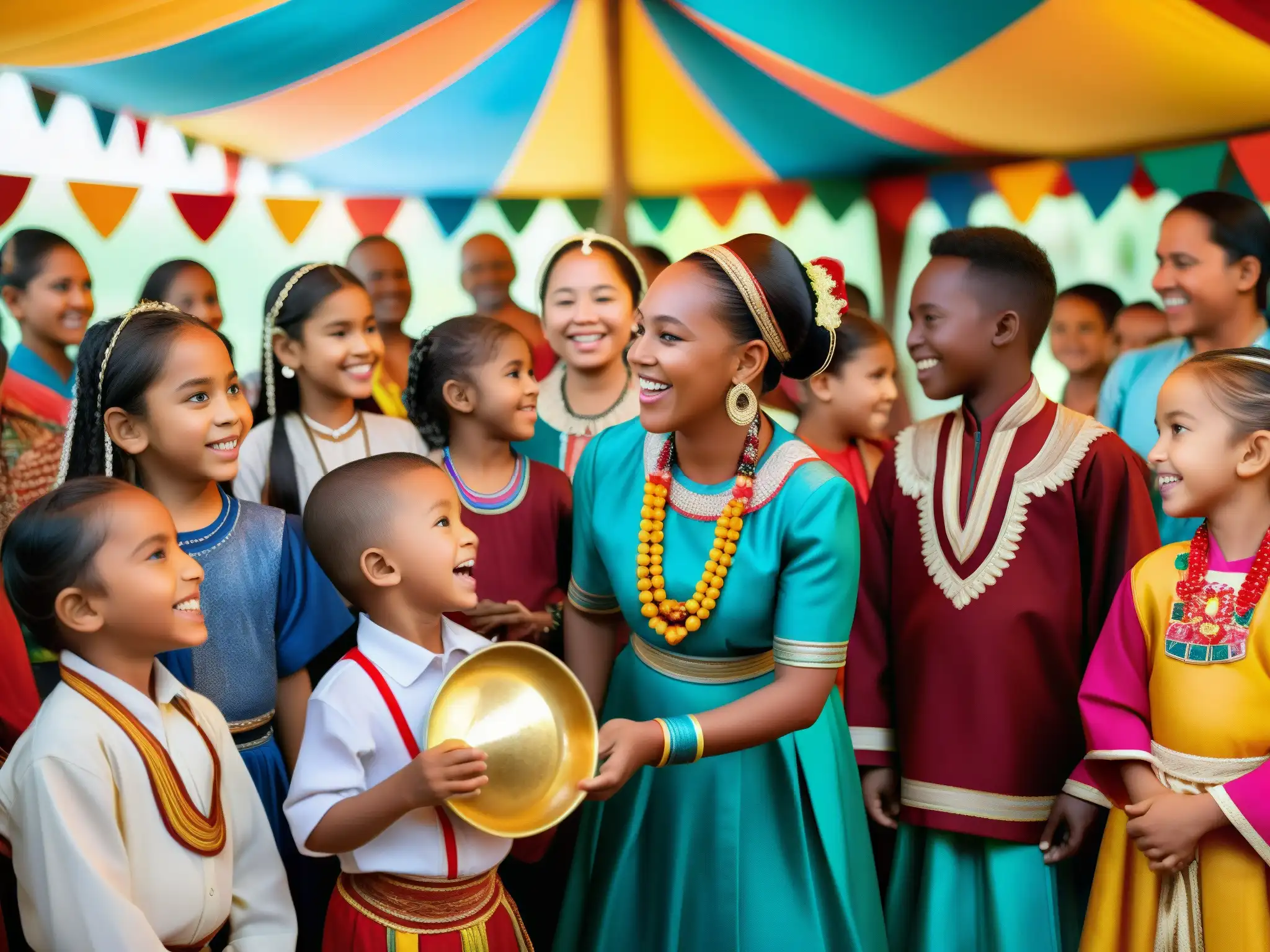 Un grupo diverso de niños participa en una celebración cultural con vestimenta tradicional, rodeados de ancianos que comparten sabiduría