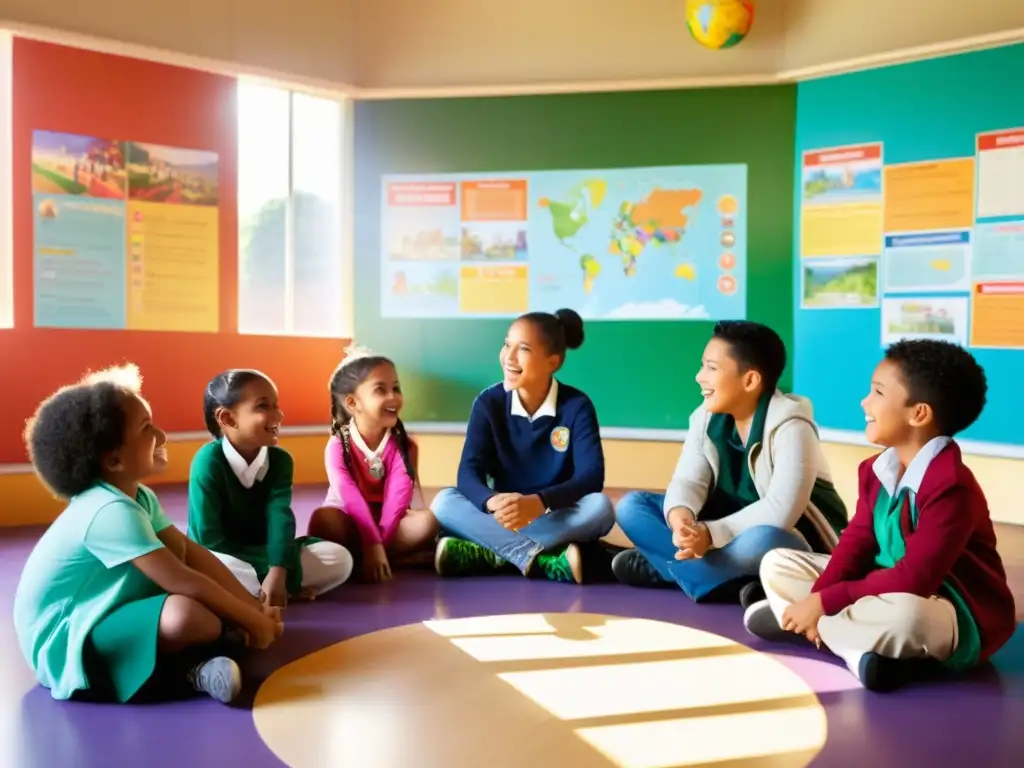 Grupo diverso de niños participa activamente en una clase inclusiva, resaltando la importancia de la educación y los derechos humanos globales