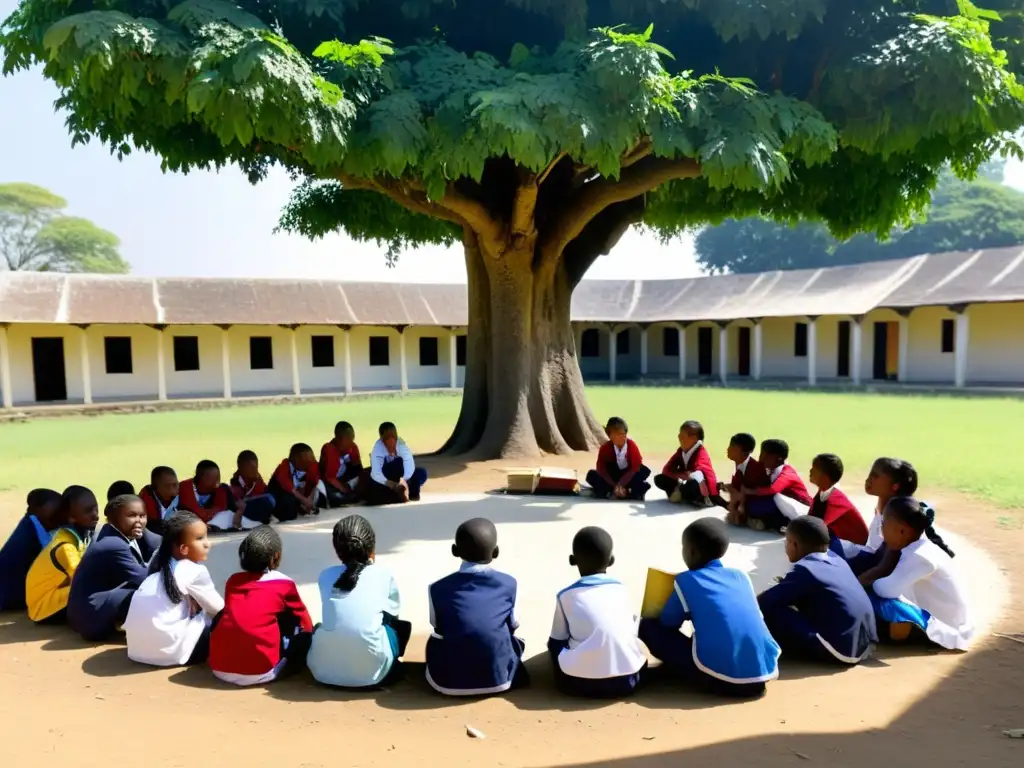 Grupo diverso de niños escolares debajo de un árbol, rodeados de ruinas, participando en una discusión