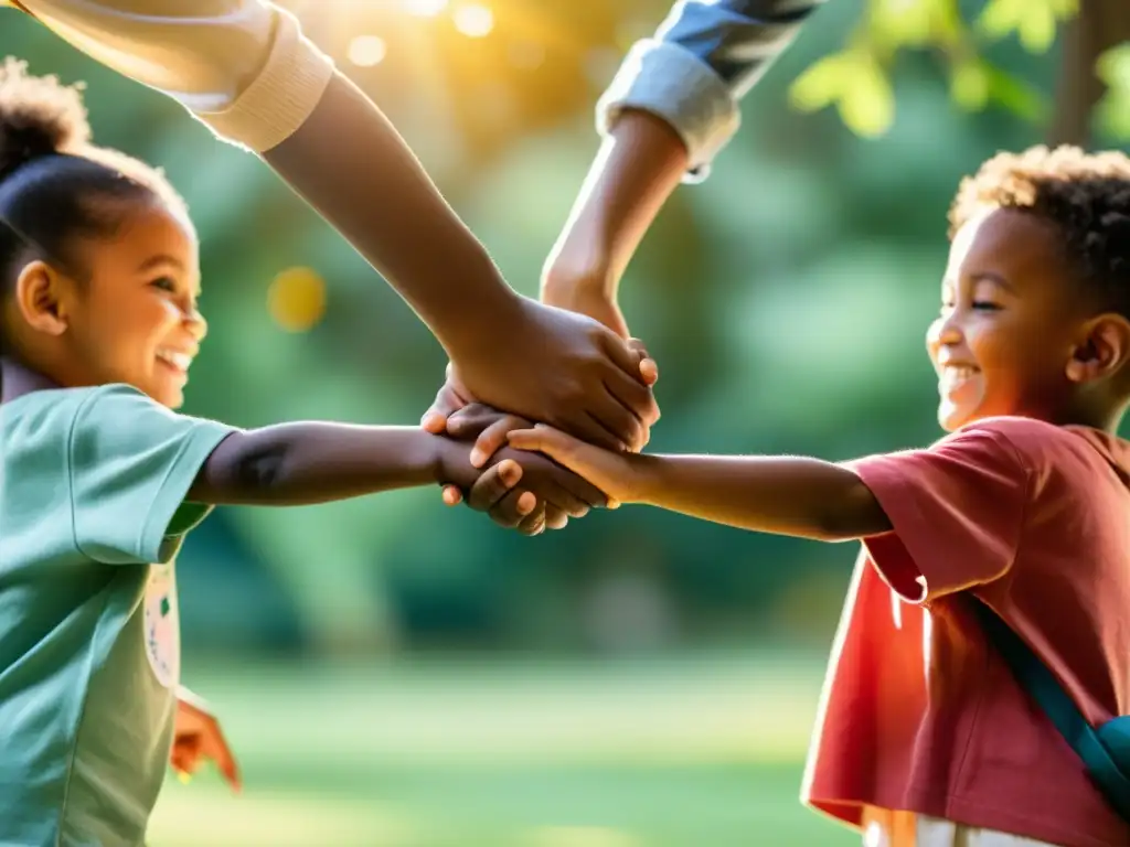 Grupo diverso de niños de diferentes etnias y fondos sostienen manos en círculo, sonrientes, en actividad escolar