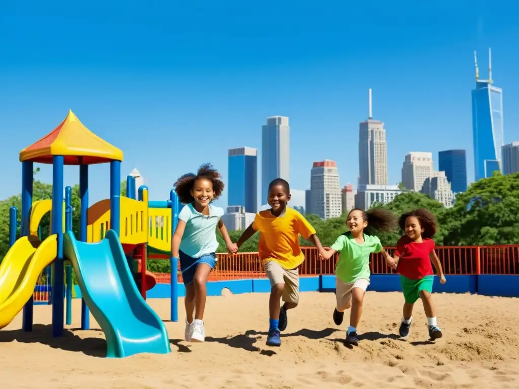 Grupo diverso de niños juegan felices en un parque multicultural, representando la protección de los derechos humanos de niños vulnerables