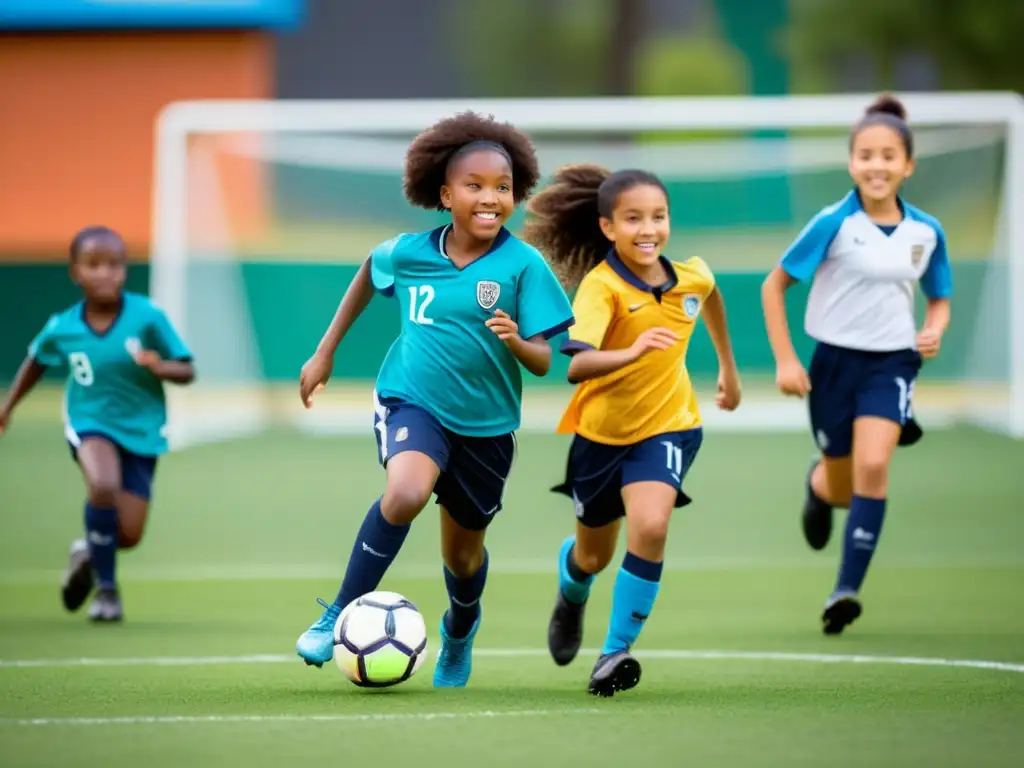 Grupo diverso de niños juegan fútbol en la escuela, liderados por una niña