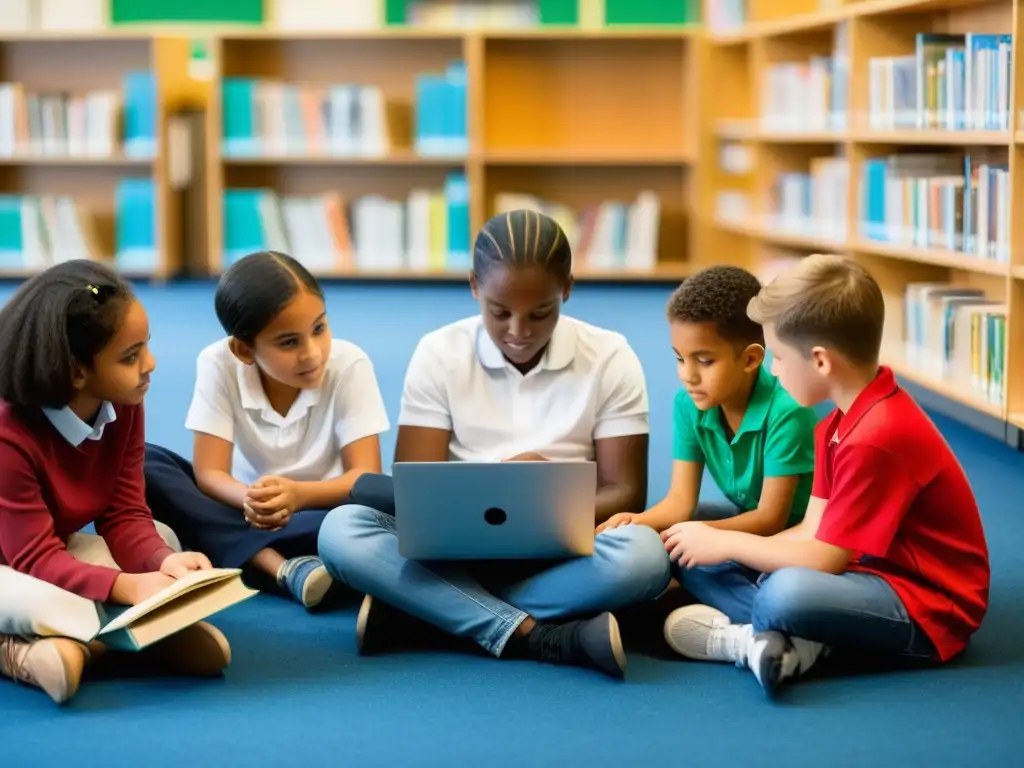 Un grupo diverso de niños lee libros y usa laptops en una biblioteca