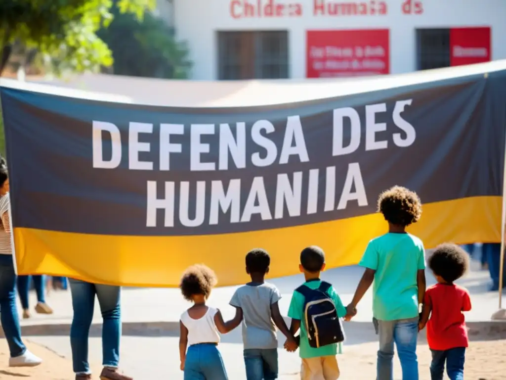 Un grupo diverso de niños sostiene una pancarta con la frase 'Defensa de los derechos humanos de la infancia', rodeados de adultos comprometidos