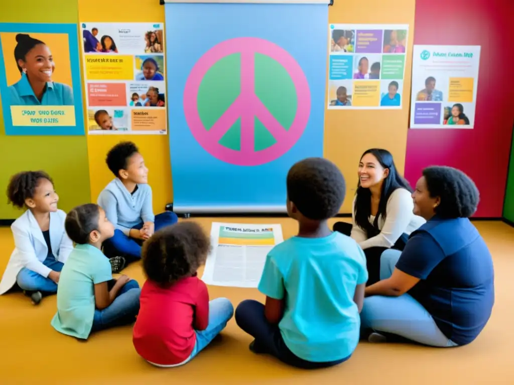 Grupo diverso de niños participando en un taller de educación en derechos humanos y cultura de paz, con material educativo colorido en las paredes