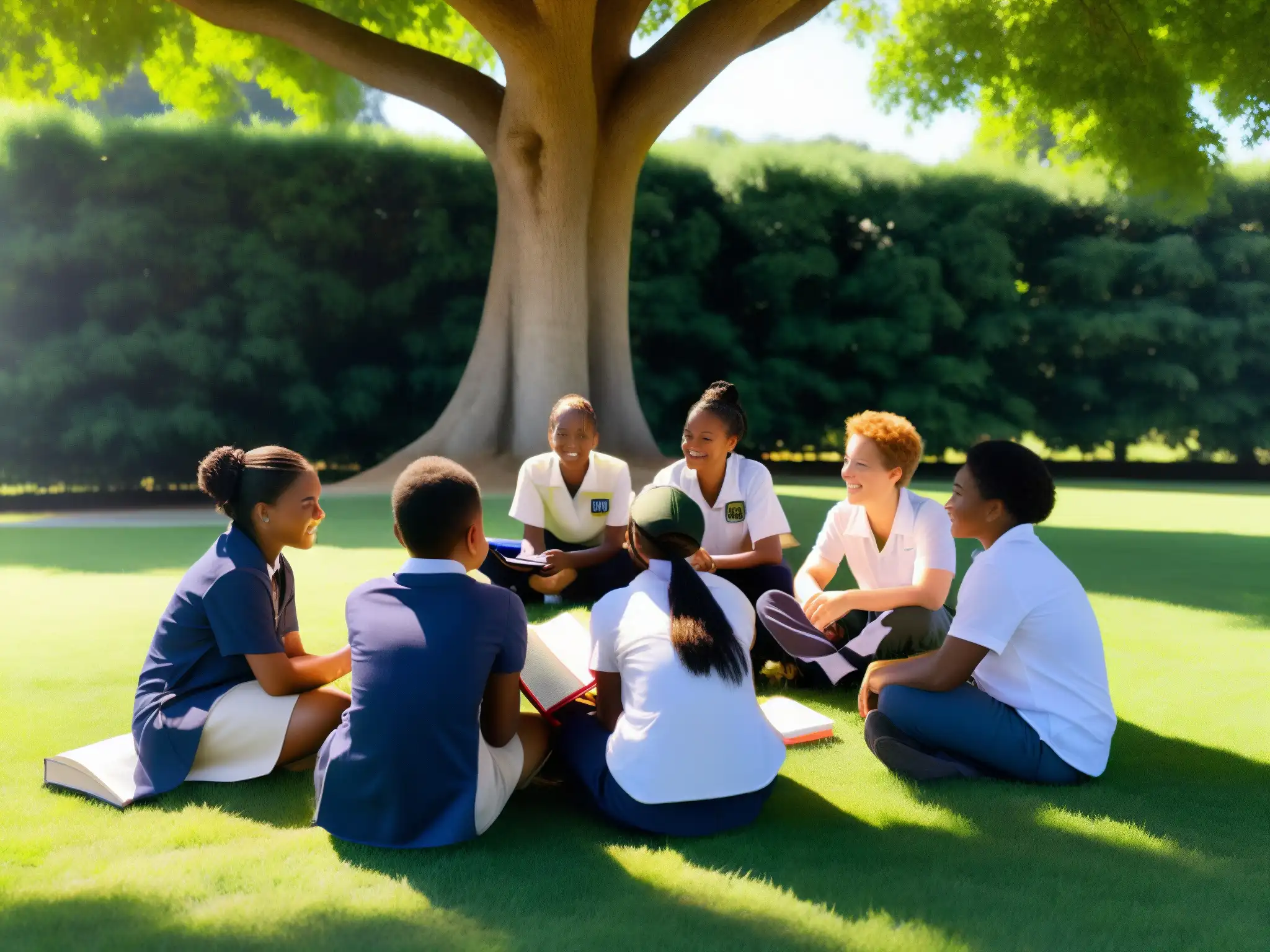 Un grupo diverso de niños en uniforme escolar estudia al aire libre bajo un árbol, creando un entorno educativo vibrante y global