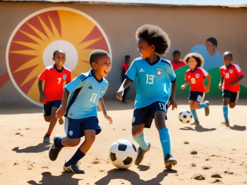 Grupo diverso de niños juega fútbol en vecindario de pocos recursos, mostrando inclusión social y empoderamiento