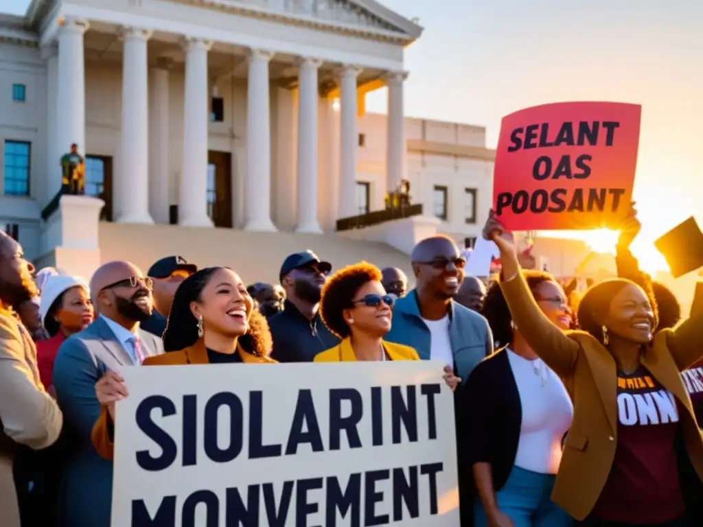 Un grupo diverso sostiene pancartas frente a un edificio gubernamental al atardecer, transmitiendo la energía de un movimiento democrático moderno