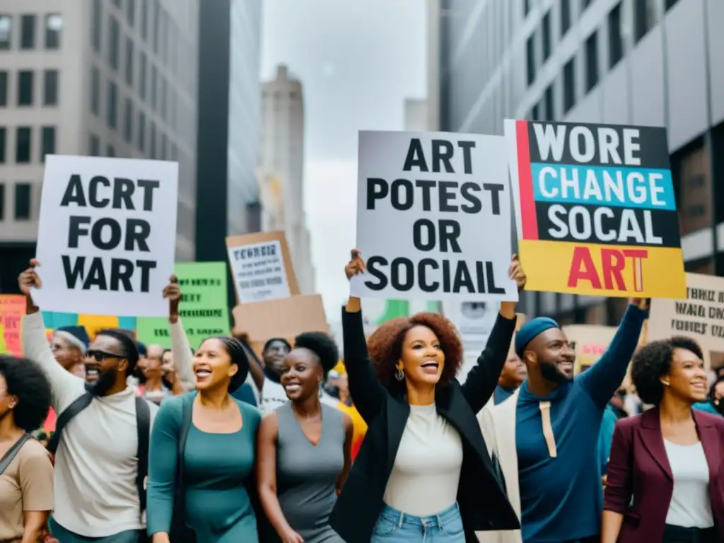 Grupo diverso sostiene pancartas en protesta, reflejando el poder del arte en movimientos sociales