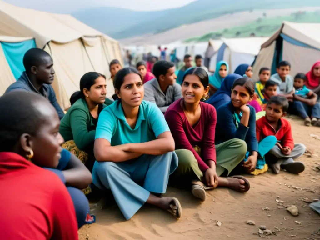 Un grupo diverso de personas LGBTIQ+ se reúne en un abarrotado campamento de refugiados, mostrando esperanza, resistencia y agotamiento