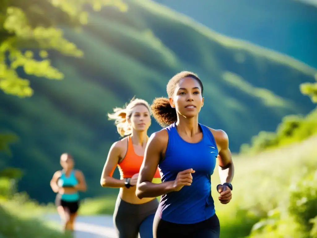 Un grupo diverso de personas disfruta de actividades al aire libre como yoga, trote y senderismo en un hermoso entorno natural