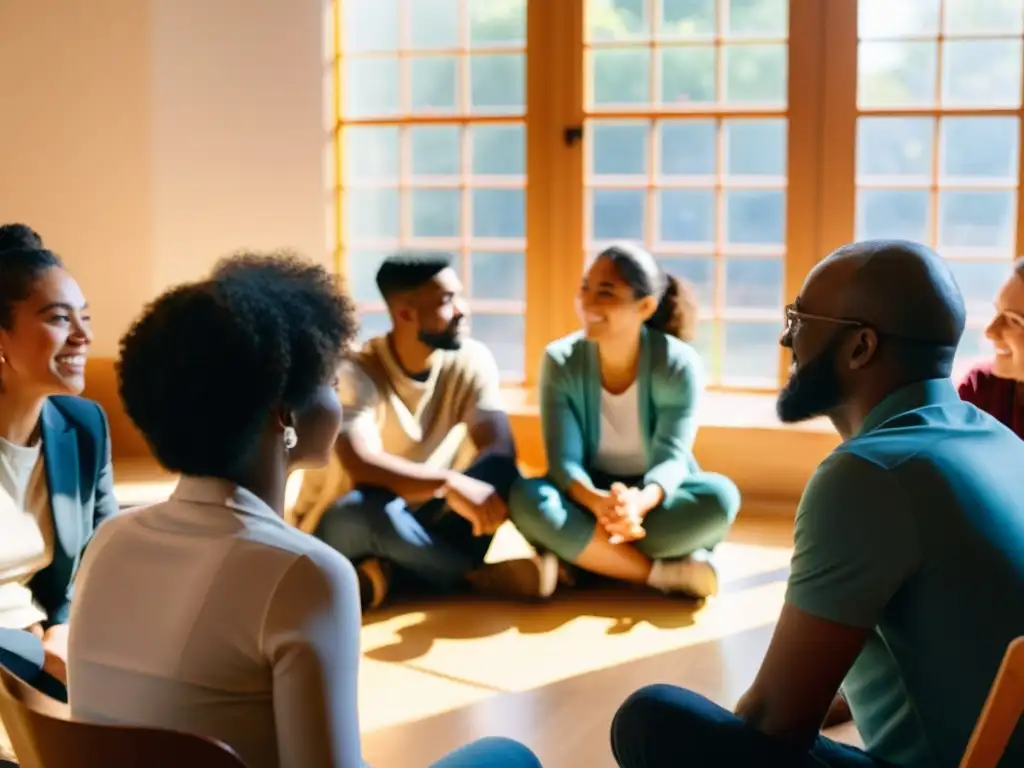 Un grupo diverso de personas participa en una animada discusión, mostrando colaboración y comunidad