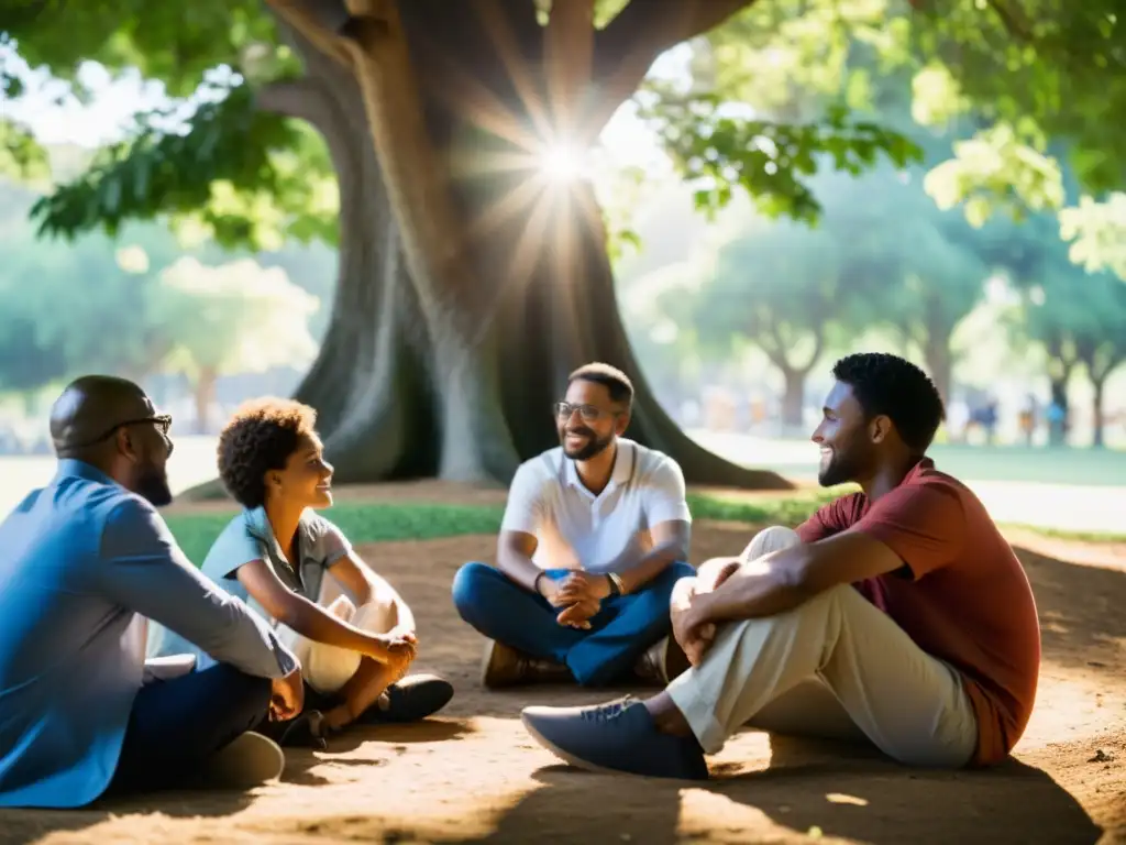 Un grupo diverso de personas se reúne bajo un árbol, uniendo culturas en una poderosa discusión por los derechos humanos